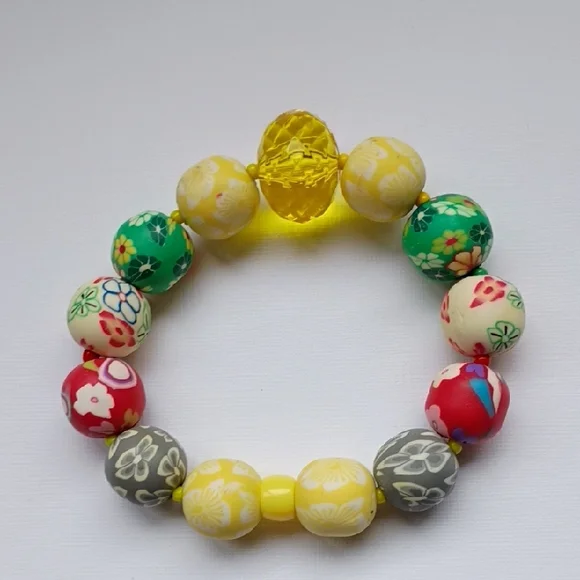 Handcrafted Bold Floral Multicolor Beaded Stretch Bracelet Sunny Colorful - Picture 1 of 7